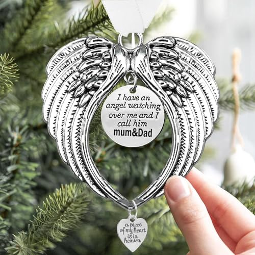 LYPER Decorazione natalizia commemorativa con ali d'angelo, regalo per la perdita di mamma e papà, regalo di simpatia, con scritta I Have a Angel Watching Over Me I Call (lingua italiana non