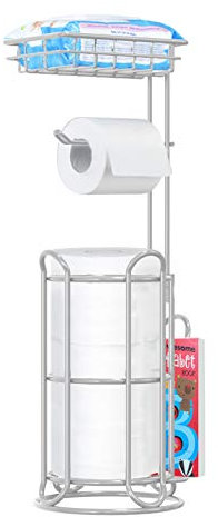 Silver Free-Standing Toilet Paper Holder with Magazine Rack – Bathroom Tissue Dispenser for Larger Rolls, Phone, and Wipes, 6.5 * 24
