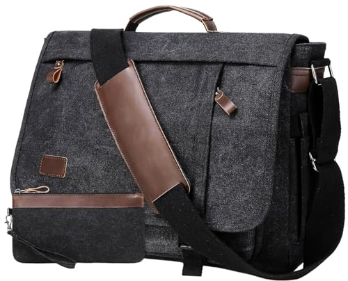 17.3 Inch Messenger Bag for Men: 2PCS Laptop Work PU Leather Canvas Briefcase Carry On Large Computer for Office College Travel (Black)