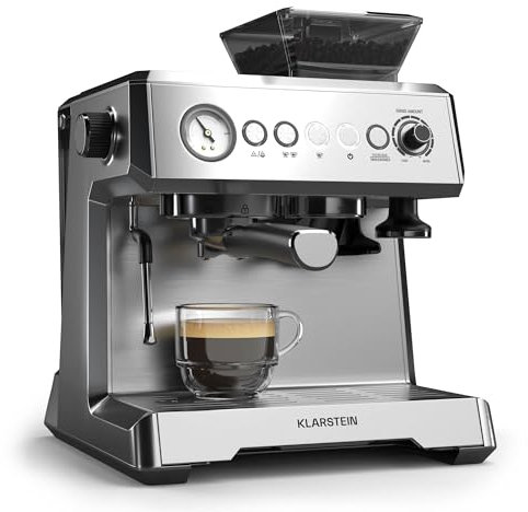Klarstein GrandPresso Siebträgermaschine Mit Mahlwerk – 20 Bar, 1.350 W, Integriertes Präzisionsmahlwerk, Dampfdüse, 2,3-l-Wassertank, Tassenwärmer