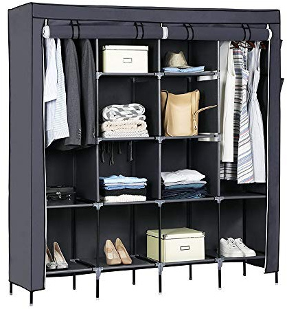 Bonnlo Armario de Tela para Ropa, Armario Portátil con Barras para Colgar, Armario Plegable, para Dormitorio, Estudio, 12 Estantes, 150 x 45 x 175 cm (Gris, 170cm-12)