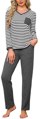 Terecey Pyjama Femme en Coton à Rayures Ensemble de Nuit Deux Pièces | Col V, Manches Longues, Pantalon Long, Petite Poche, Toucher Doux, Matière Extensible