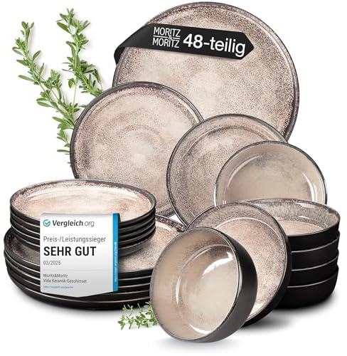 Moritz & Moritz VIDA Geschirrset 12 Personen Beige 48-tlg. - Modernes Porzellan Geschirr Set - Kratz-, Mikrowellen- & Spülmaschinenfest, Essgeschirr, Tafelservice, Kombiservice 12 Personen