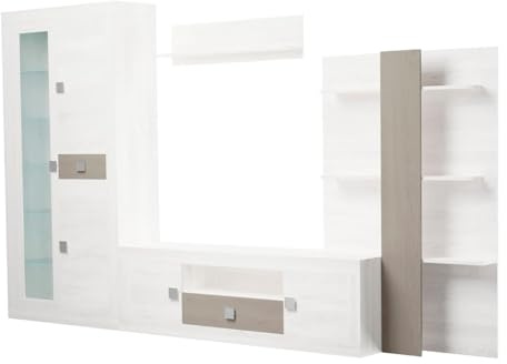 amuéblate Online - Mueble de Salón Moderno con Leds, Módulos de Comedor, Modelo Venus, Acabado en Andersen Pino - Gris, Medidas: 300 cm (Ancho) x 200 cm (Alto) 40 cm (Fondo)