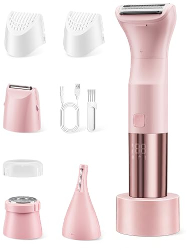 Painless 4-in-1 Lady Shavers for Women, Electric Razor for Women with USB Charging Station, IPX7 Waterproof Wet & Dry Use, LED Power Display, for Bikini, Underarm, Leg, Arm, Face