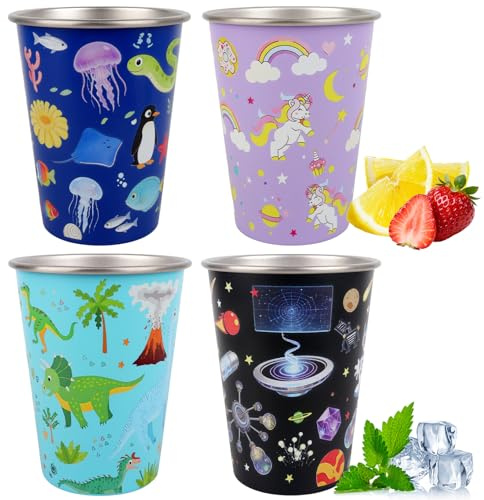 Jonuin Juego de 4 Vasos de Acero Inoxidable para Niños 350ml, Diseños Animales Marinos Dinosaurio Espacio Unicornio, Vasos Reutilizables Irrompibles Apilables para Escuela Casa Camping