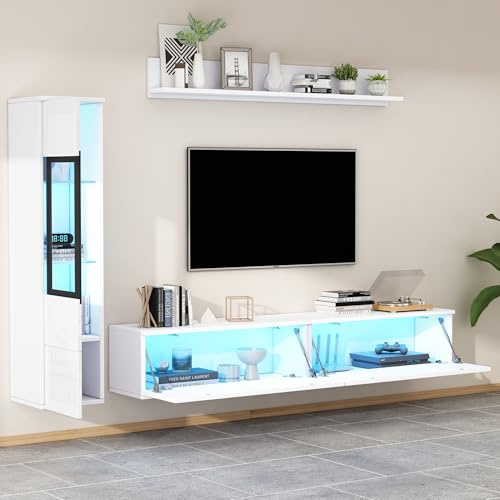 BTM Set of 3 TV Wall Unit, High Gloss LED TV Stand + Display Cabinet + Hanging Shelf, White Living Room Furniture Sets