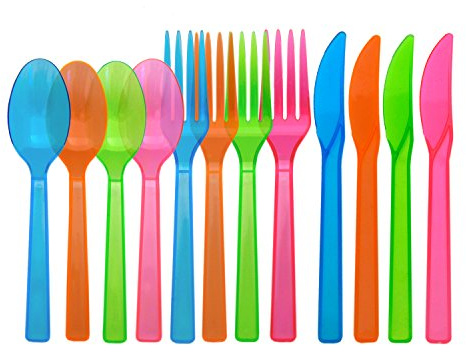 Party Essentials Hard Plastic Cutlery Combo Pack, 144 Pieces/48 Place Settings, Assorted Neon Brights