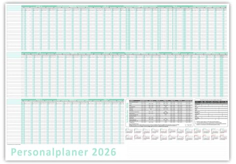 Urlaubsplaner/Personalplaner 2026 nass abwischbar mit Folienkaschierung - DIN B2 Format (700 x 500mm) 22 Mitarbeiter Januar bis März Folgejahr mit Schulferien (gerollt!)