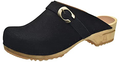 Sanita Hedi offener Clog, Wildleder | Original handgemacht | Leder-Holzclogs für Damen | Schwarz | 41 EU
