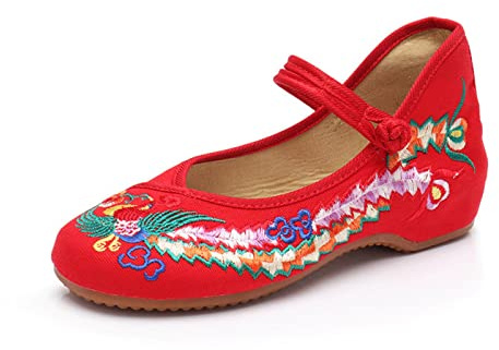 Chinese Embroidered Flats Women's Black Red Asian Traditional Mary Jane Ballet Yoga Shoes Rubber Sole (34 M EU, Red, 4)
