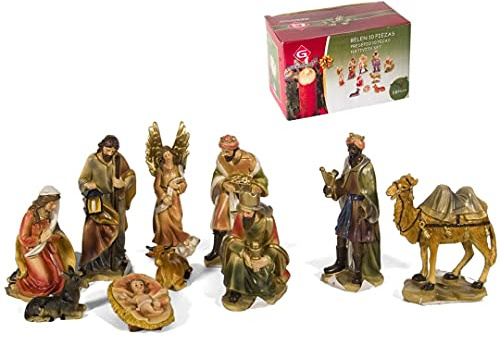 Presepe Natività Elegante con 10 soggetti Fino a 12 cm Personaggi Statue in PoliResina Natività Grande Giuseppe Maria Gesù Bambino, Re Magi, Bue e Asinello, Angelo, Pastore con Pecora