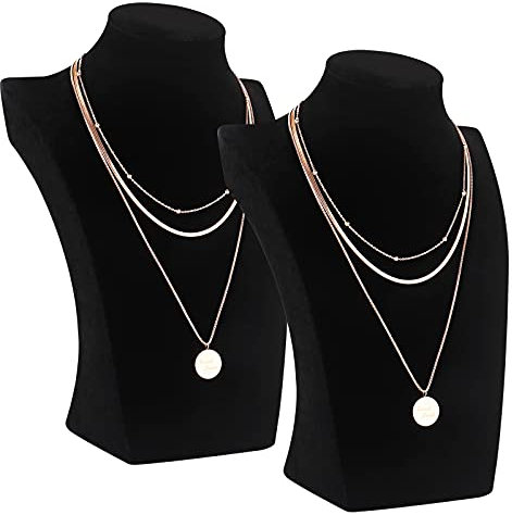 Polmart 2 Pièces Velours Bijoux Buste Boîte à Bijoux Collier Pendentif Chaîne Bijoux Buste Présentoir Noir - 21x15 cm