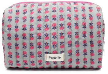 PONETTE - Neceser de Mujer Vive Acolchado Gris Estampado Flores, Cremallera y Tirador Rosa, Forro Gris, Ideal, Viaje, Piscina, Gimnasio, Estuche, Bolsa de Aseo, Marca Española