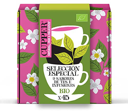 CUPPER - Pack Especial Regalo Varios Sabores - Estuche con 9 Variedades y 5 Bolsitas de cada Sabor de Infusiones Ecológicas - Apto para Veganos - Optimo para Preparar con Agua Caliente