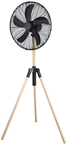 SANEO – Ventilateur sur pied (trépied) - 50W - 3 vitesses - design bois avec finition métal inox - diam. 46cm - 5 pales - Silencieux, Hauteur ajustable 120 à 130 cm,Oscillation auto 80°,Inclinable 20°