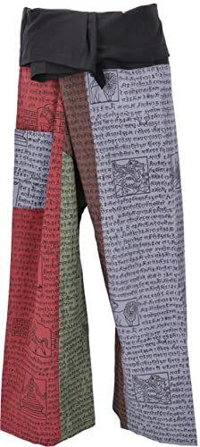 GURU SHOP Thai Fischerhose aus Fester Baumwolle, Patchwork Wickelhose, Yogahose, Unigröße - Bordeauxrot/bunt, Herren/Damen