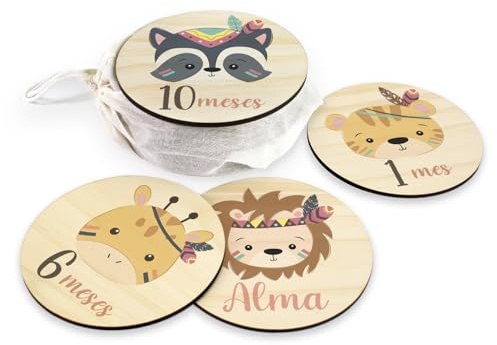 DEHOME - Placas Cumplemes Personalizadas con Nombre - Tarjetas Hito Bebé Madera Pino Natural 4mm - Impresión Directa sobre la madera - Regalo para Recién Nacido Hecho en España (Animales, Español)