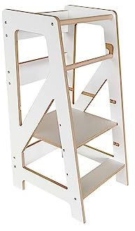 BABYLIKE Montessori Lernturm für Kinder | Lernstuhl ab 1 Jahr | Learning Tower | Tritthocker mit 2 Stufen & verstellbaren Fachböden | 46x40x85 cm| Weiss