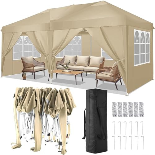 COBIZI Pavillon 3x6 Faltpavillon Wasserdicht Stabil Winterfest Faltbar Partyzelt mit 6 Seitenteilen Pop up Gartenpavillon UV Schutz 50+ Höhenverstellbar für Strand Hochzeit Camping, Khaki