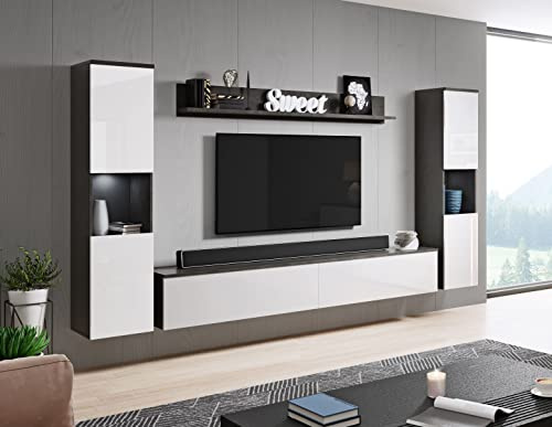 Conjunto de Muebles de salón Paris XL, iluminación LED incluida, Juego de Muebles de salón (Matera/Blanco Brillo)