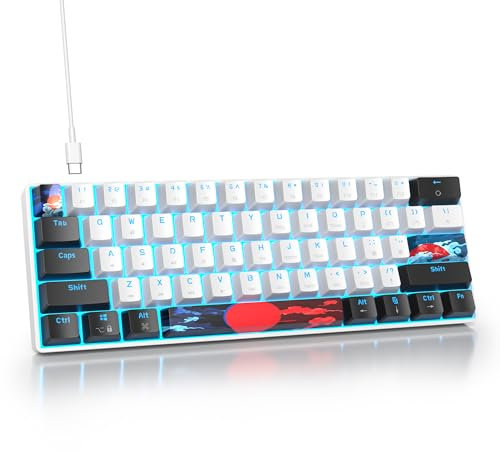 Mosptnspg Protable 60% Percent Gaming Keyboard Mechanical, Mini Compact Ice-Blue LED Backlit 61 Keys Wired Office Keyboard with red Switch for Mac/Win/PS4/PS5（61White/red Switch）
