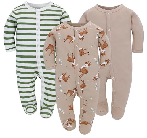 Miracle Baby 3 stycken nyfödda Sparkdräkt Baby Långärmad Bomull med Knappar Barnpyjamas Gr. 56 62 68 för Flickor Pojkar, Hjort, 56
