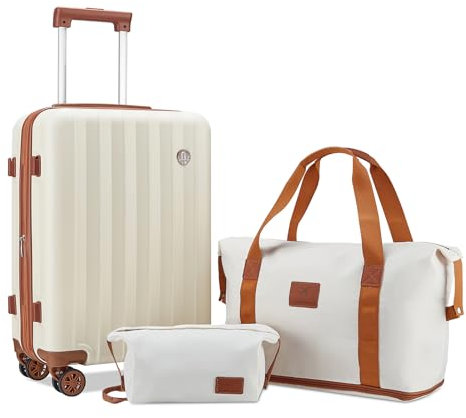 Joyway Koffer Handgepäck Kofferset, Hartschalen Reisekoffer mit Getränkehalter, 4 Rollen TSA-Schloss Der Koffer Enthält 1 Reisetasche und 1 Kulturbeutel, Beige Braun