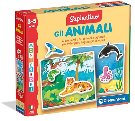 Clementoni - Sapientino Montessori 3 Years with Shaped Cards, Flashcards, Educational Game for Learning Animals, Language Development, Made in Italy, 16867, Multi-Colour