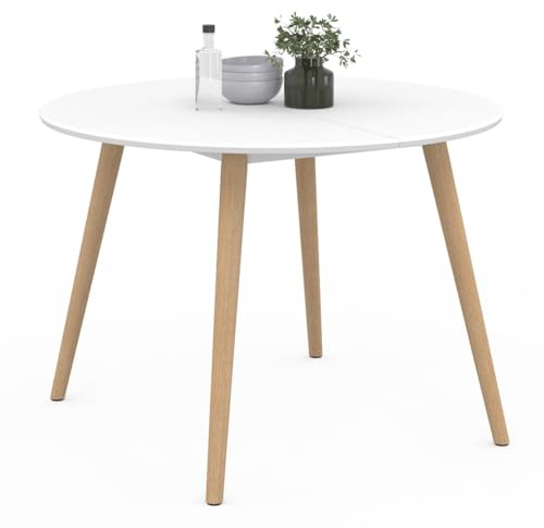 IDMarket - Table à Manger Ronde Angela 4-6 personnes Blanc Pieds Bois 110 cm