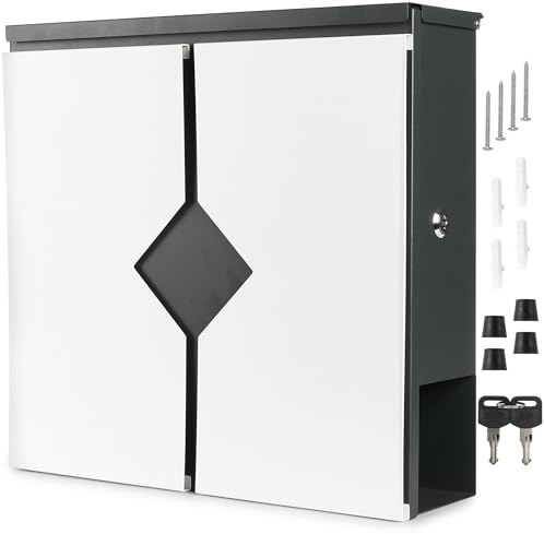 BRUBAKER Brevlåda med Tidningsfack - Modern Brevlåda med Tidningsrulle - Stor Designad Väggbrevlåda av Aluminium och Galvaniserat Stål med 2 Nycklar - Antracit och Vit