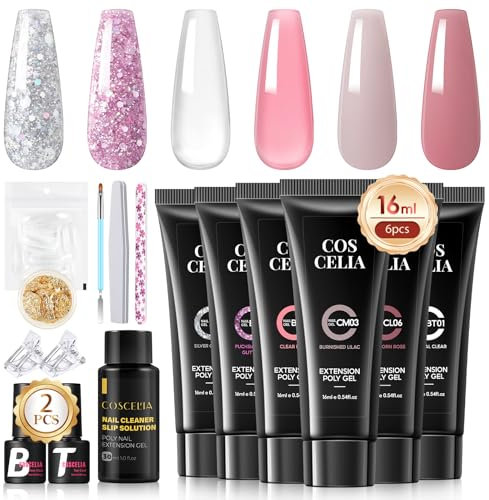 COSCELIA Kit Uñas de Gel, 6 Colores Gel Extensión de Uñas con Base Top Coat Slip Solution Poly Uñas Gel para Principiantes Gel Constructor Uñas Nail Art Salón de Manicura