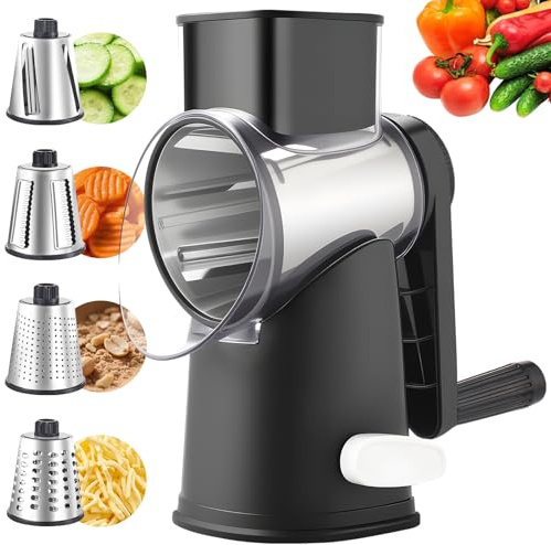 Weltonhm Rotary Cheese Graters with 4 Blades, Hand Crank Cheese Grater with Waffle Slicer, Black and White Cheese Shredder with Suction Base, Easier for Shredding & Grating (Black, 4 Graters)