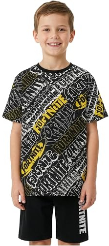 Fortnite Pijama Niño 7-14 Años, Pijama Corto Infantil 2 Piezas, Camiseta Manga Corta y Shorts, Algodón Conjunto Niño Verano, Regalo Gamer (13-14 Años, Negro/Amarillo, 1 Paquete)