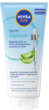 NIVEA SUN Siero Doposole 100 ml, Siero dopo sole idratante e rigenerante per viso e corpo, Aftersun con Aloe Vera Bio, Vitamina E e Acido Ialuronico, Assorbimento rapido, Senza profumo