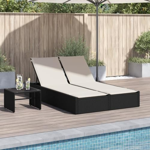 Traylux Tumbona doble para jardín de polirratán negro con cojín, ajustable en 3 niveles, marco de acero pulverizado, 123 x 200 cm, resistente a los rayos UV, para terraza, balcón, piscina, relajación