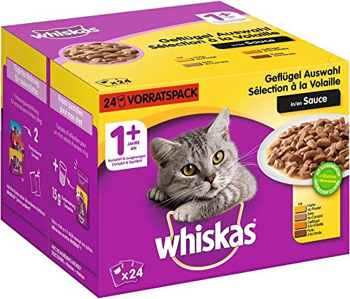 Whiskas 1+ Katzennassfutter – Schmackhaftes Nassfutter in 48 Portionsbeuteln für eine gesunde Katze ab 1 Jahr – Geflügel Auswahl in Sauce – Katzenfutter – 2er Pack (2 x 24 Portionsbeutel à 100g)