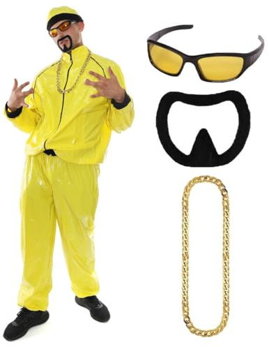 90s Celebrity Costume - Adults Yellow & Black Shell Suit + Matching Hat + Sunglasses + Gold Chain + Black Goatee - Funny Rapper Halloween Stag Do Fancy Dress Costume (Size: X-Large)