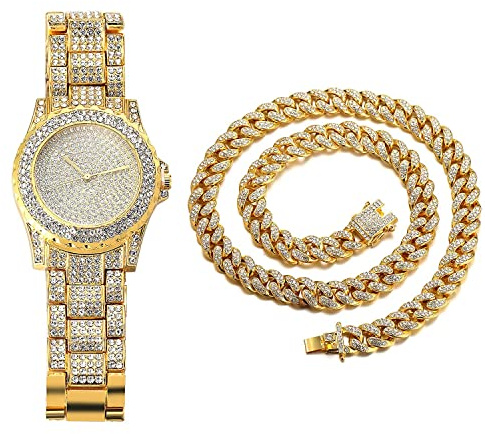 HALUKAKAH Orologio d'oro Diamantes Iced out,Uomo Placcato Oro Reale 18k Cinturino al Quarzo 22cm,con Set di Bracciali a Catena Cubana da 20cm,Cz Completa Lab Diamantes,Gratuito Pacco Regalo