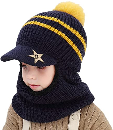 iNszkoos Kids Winter knitted Hats Earflap Hood Scarf Set Unisex Windproof Thick Cozy Fleece Lining Beanie Caps with Neck Warmer Crochet Hat Set Skiing Cycling Snowboard Cap for 2-6Y Boys Girls Toddler