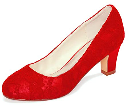 Emily Bridal Brautschuhe Damen Seide wie Satin Stöckel Absatz geschlossene Zehe Pumps (EU42, Rot)