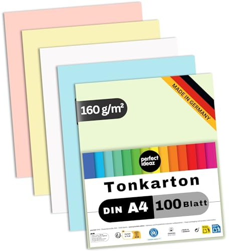 perfect ideaz – Färgad kartong, DIN A4, 100 ark papperskartong – 160 g/m² i 5 ljusa färger, 20 ark per färg, tillverkad av återvunnet material
