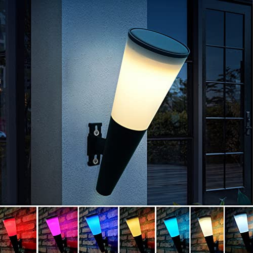 BIGFOX Torche Lampe Solaire 2 pack LED Extérieure Intérieure Lumière Solaire Exterieure IP65 Etanche Murale Torche Solaire Lampe avec Lumière Colorée pour Jardin Murs Patio Decoration