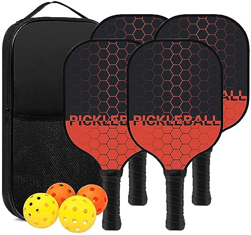 Pickleball Schläger mit Fiberglas Oberfläche und 4 Bällen - Pickle Ball Paddles mit Tragbarem Rucksack für Anfänger/Freizeitspieler