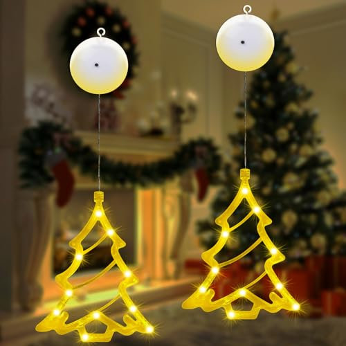 AUAUY Decorative da Finestra Luci di Natale, 2pz Sospese per Albero di Natale per Finestre, Bianco Caldo a Batteria 3 Modalità con Ventosa, per Decorazioni Natalizie per Feste di Nozze - Albero