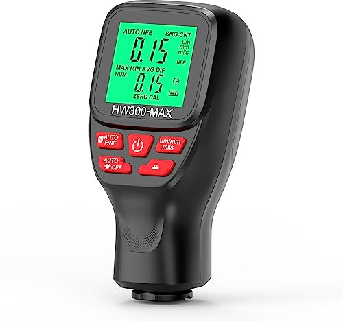 Shkalacar Schichtdickenmessgerät Handheld 0-2000μm, Dickenmessgerät mit LCD-Anzeige,Einheitenumrechnung (Mikron, Millimeter, Mil), Lackschichtenmesser für Stahl- und Aluminium-Basismetallautos,Schwarz