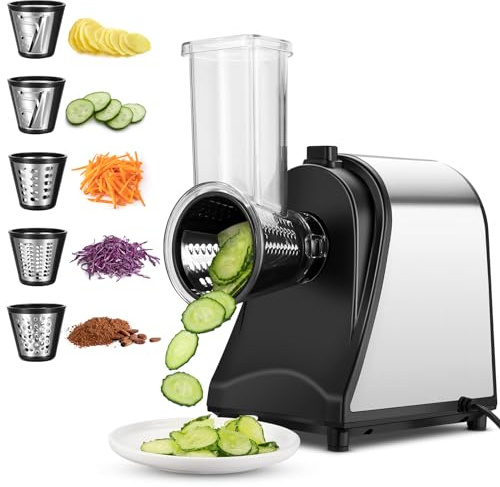 Homdox 250W Electric Cheese Grater, Electric Slicer Shredder, Salad Maker Electric Grater Electric Cheese Grater/Shredder with 5 Free Attachments, Ivory