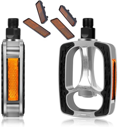 2 Pièces Pédales de Vélo VTT en Aluminium, avec Réflecteurs, Antidérapant, Pédales Plates-Formes de Vélo légères pour MTB, BMX, Vélos de Course, Argent
