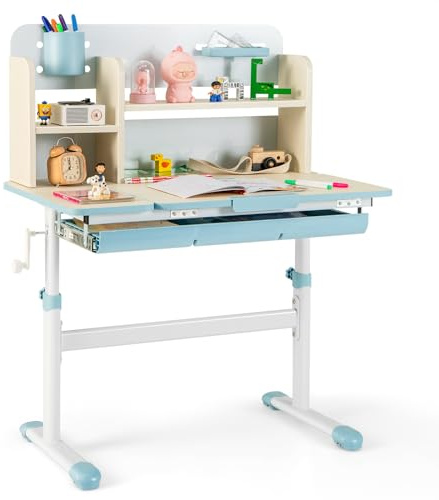 GYMAX Kids Desk, Height Adjustable Writing Table with Tiltable Desktop, Storage Shelf, Drawer, Pen Holder & Ruler, School Home Children Study Desk for 3-12 Years Old Boys Girls