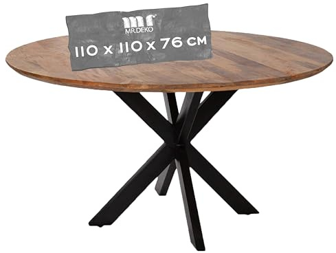 MR. DEKO Esstisch Avola | Holztisch Rund | Runde Tischplatte Mangoholz 110 cm | Cross-Form Metallgestell Schwarz | Tisch für 4 Personen | Esszimmertisch rund Modern | Round Dining Table